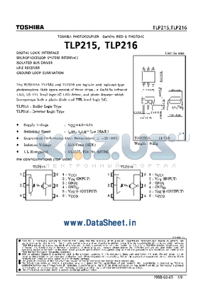 TLP216 datasheet - DIGITAL LOGIC INTERFACE MICROPROCESSOR SYSTEM INTERFACE ISOLATED BUS DRIVER LINE RECEIVER GROUND LOOP ELIMINATION