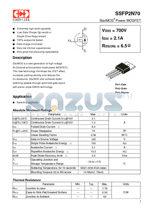 SSFP2N70 datasheet - StarMOST Power MOSFET
