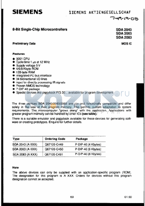 SDA2063 datasheet - 8-Bit Single-Chip Microcontrollers