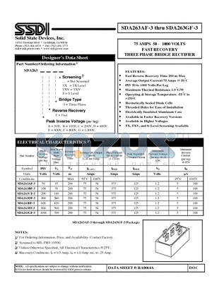 SDA263AF-3 datasheet - 75 AMPS 50 - 1000 VOLTS FAST RECOVERY THREE PHASE BRIDGE RECTIFIER
