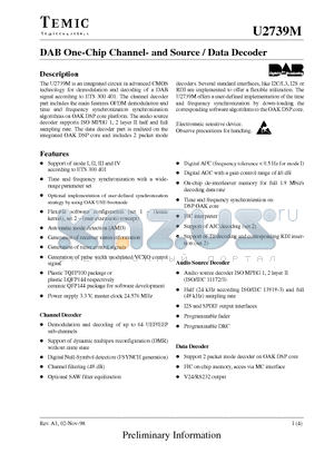 U2739M datasheet - DAB One-Chip Channel- and Source / Data Decoder