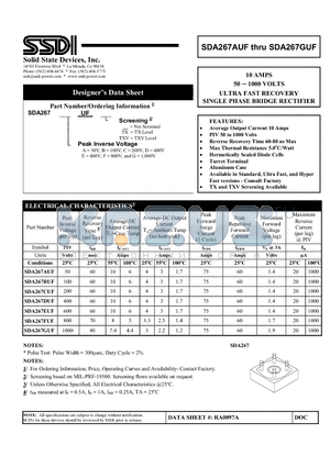 SDA267BUF datasheet - 10 AMPS 50  1000 VOLTS ULTRA FAST RECOVERY SINGLE PHASE BRIDGE RECTIFIER