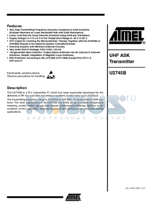 U2745B-MFBG3 datasheet - UHF ASK TRANSMITTER