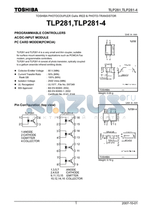 TLP281GB datasheet - PROGRAMMABLE CONTROLLERS AC/DC-INPUT MODULE PC CARD MODEM(PCMCIA)