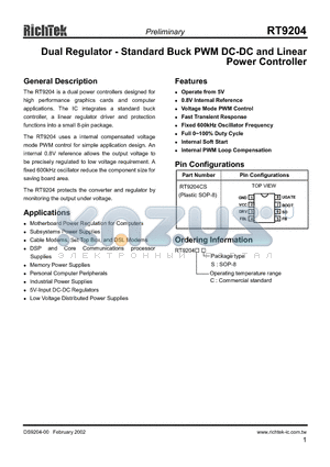 RT9204 datasheet - Dual Regulator - Standard Buck PWM DC-DC and Linear Power Controller