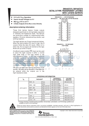 SN74AC573 datasheet - OCTAL D-TYPE TRANSPARENT LATCHES WITH 3-STATE OUTPUTS