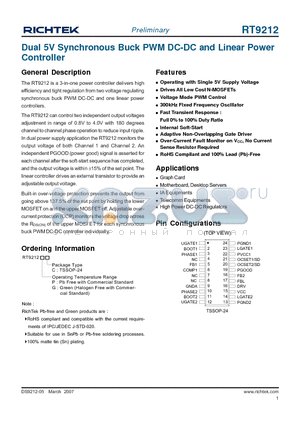 RT9212GC datasheet - Dual 5V Synchronous Buck PWM DC-DC and Linear Power Controller