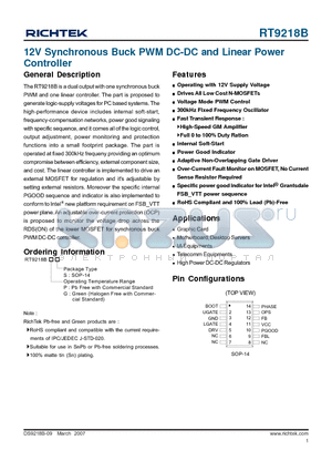 RT9218B datasheet - 12V Synchronous Buck PWM DC-DC and Linear Power Controller