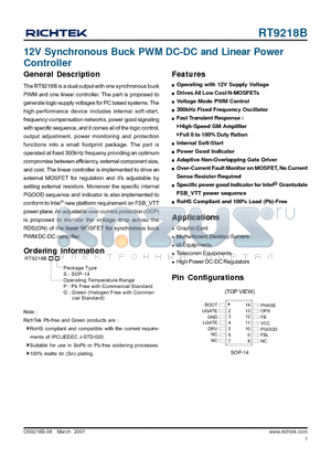 RT9218BGS datasheet - 12V Synchronous Buck PWM DC-DC and Linear Power Controller