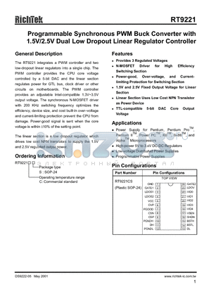 RT9221CS datasheet - PROGRAMMABLE SYNCHRONOUS PWM BUCK CONVERTER WITH 1.5V / 2.5V DUAL LOW DROPOUT LINEAR REGULATOR CONTROLLER