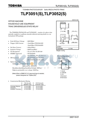 TLP3052 datasheet - OFFICE MACHINE HOUSEHOLD USE EQUIPMENT TRIAC DRIVERSOLID STATE RELAY