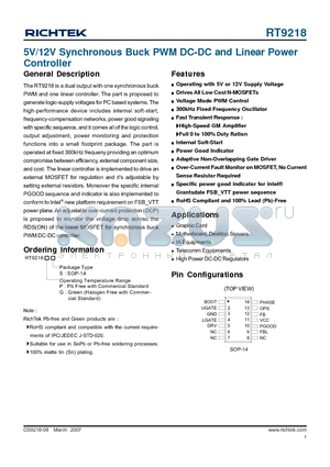 RT9218GS datasheet - 5V/12V Synchronous Buck PWM DC-DC and Linear Power Controller