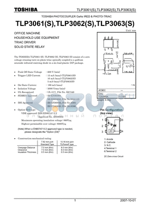 TLP3061 datasheet - OFFICE MACHINE HOUSEHOLD USE EQUIPMENT TRIAC DRIVER SOLID STATE RELAY