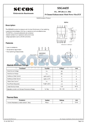 SSG4435 datasheet - P-Channel Enhancement Mode Power Mos.FET