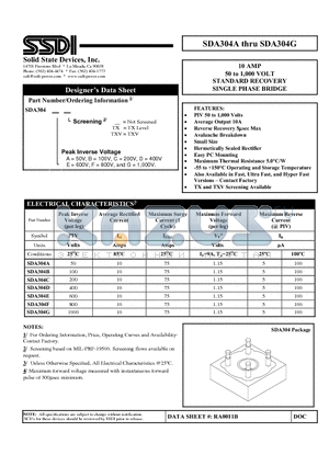 SDA304E datasheet - 10 AMP 50 to 1,000 VOLT STANDARD RECOVERY SINGLE PHASE BRIDGE