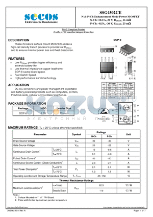 SSG4502CE datasheet - N & P-Ch Enhancement Mode Power MOSFET N-Ch: 10.0 A, 30 V, RDS(ON) 16 m P-Ch: -8.5A, -30 V, RDS(ON) 23 m