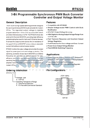 RT9224PS datasheet - 5-Bit Programmable Synchronous PWM Buck Converter Controller and Output Voltage Monitor