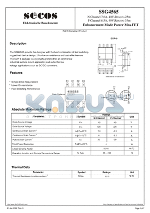 SSG4565 datasheet - Enhancement Mode Power Mos.FET