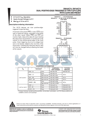 SN74AC74NE4 datasheet - DUAL POSITIVE-EDGE-TRIGGERED D-TYPE FLIP-FLOPS WITH CLEAR AND PRESET