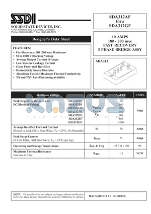 SDA312EF datasheet - 10 AMPS 180 - 200 nsec FAST RECOVERY 3 PHASE BRIDGE ASSY