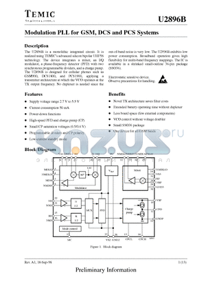 U2896B datasheet - Modulation PLL for GSM, DCS and PCS Systems