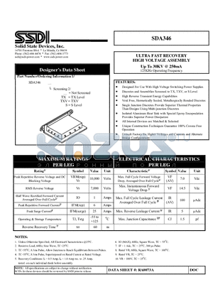 SDA346 datasheet - ULTRA FAST RECOVERY HIGH VOLTAGE ASSEMBLY