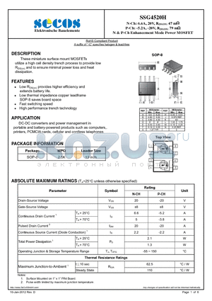 SSG4520H datasheet - N-Ch: 6.6A, 20V, RDS(ON) 47 m P-Ch: -5.2A, -20V, RDS(ON) 79 mN & P-Ch Enhancement Mode Power MOSFET