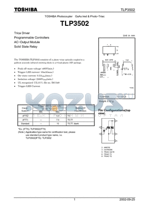 TLP3502 datasheet - TOSHIBA Photocoupler GaAs Ired & Photo-Triac