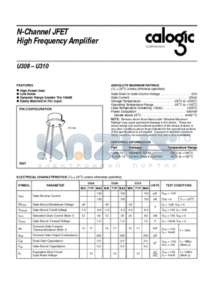 U309 datasheet - N-Channel JFET High Frequency Amplifier