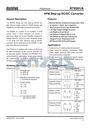 RT9261-15CX datasheet - VFM Step-up DC/DC Converter