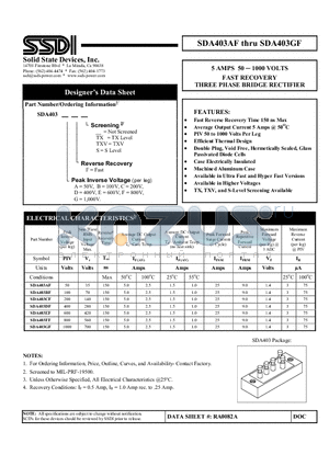 SDA403EF datasheet - FAST RECOVERY THREE PHASE BRIDGE RECTIFIER