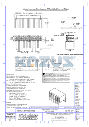 SSHS-5-D-02 datasheet - .050x.050 cl Dual Row Socket Strips