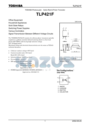 TLP421F datasheet - TOSHIBA Photocoupler GaAs IRed & Photo-Transistor