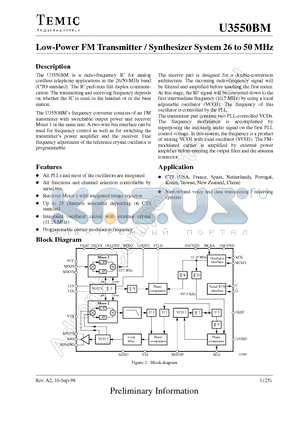 U3550BM-AFLG3 datasheet - Low-Power FM Transmitter / Synthesizer System 26 to 50 MHz