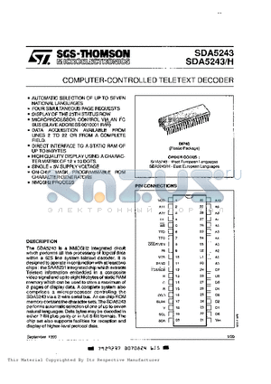 SDA5243 datasheet - COMPUTER-CONTROLLED TELETEXT DECODER