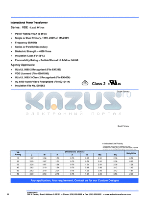 VDE-20L-16 datasheet - International Power Transformer