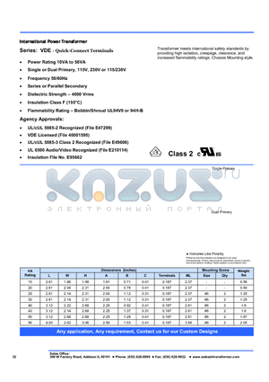 VDE-20T-16 datasheet - International Power Transformer