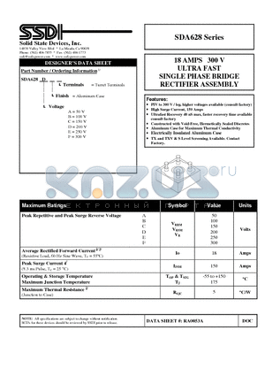 SDA628 datasheet - 18 AMPS 300 V ULTRA FAST SINGLE PHASE BRIDGE RECTIFIER ASSEMBLY