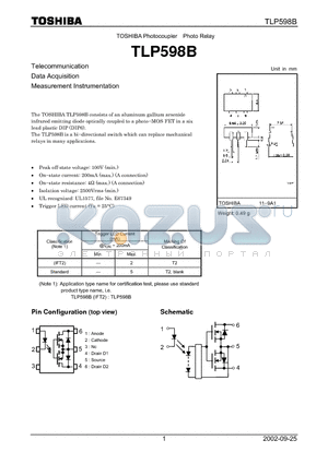 TLP598B datasheet - TOSHIBA Photocoupler Photo Relay