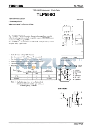 TLP598G datasheet - Photo-MOS FET in a Six Lead Plastic DIP Package