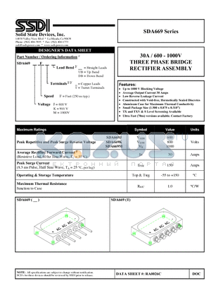 SDA669K datasheet - 30A / 600 - 1000V THREE PHASE BRIDGE RECTIFIER ASSEMBLY