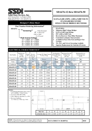 SDA67624TXV datasheet - 0.125 to 0.400 AMPS, 1,200 to 5,000 VOLTS STANDARD RECOVERY SINGLE PHASE BRIDGE RECTIFIER