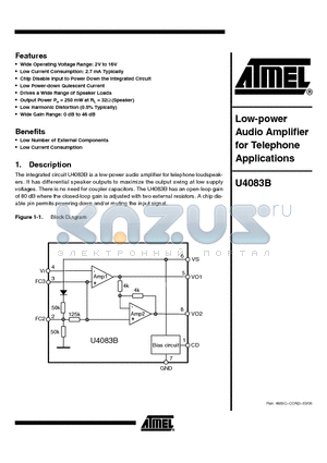U4083B-MFPY datasheet - Low-power Audio Amplifier for Telephone Applications