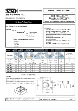 SDA803AS datasheet - HIGH RELIABILITY 20 AMP, 50 - 300 VOLTS