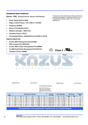 VDE-50P-20 datasheet - International Power Transformer