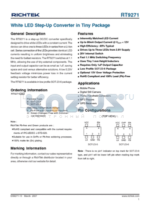 RT9271GE datasheet - White LED Step-Up Converter in Tiny Package