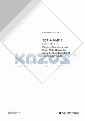 SDA9410-B13 datasheet - Display Processor and Scan Rate Converter using Embedded DRAM Technology Units