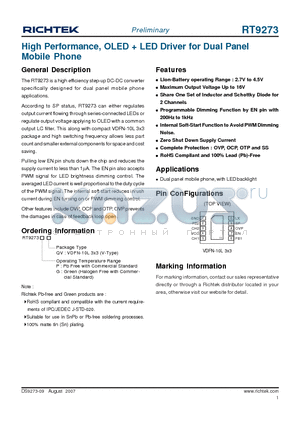 RT9273PQV datasheet - High Performance, OLED  LED Driver for Dual Panel Mobile Phone