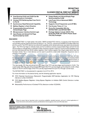 SN74ACT3631 datasheet - 512  36 CLOCKED FIRST-IN, FIRST-OUT MEMORY