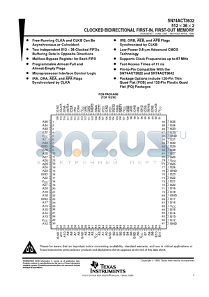 SN74ACT3632PQ datasheet - 512  36  2 CLOCKED BIDIRECTIONAL FIRST-IN, FIRST-OUT MEMORY